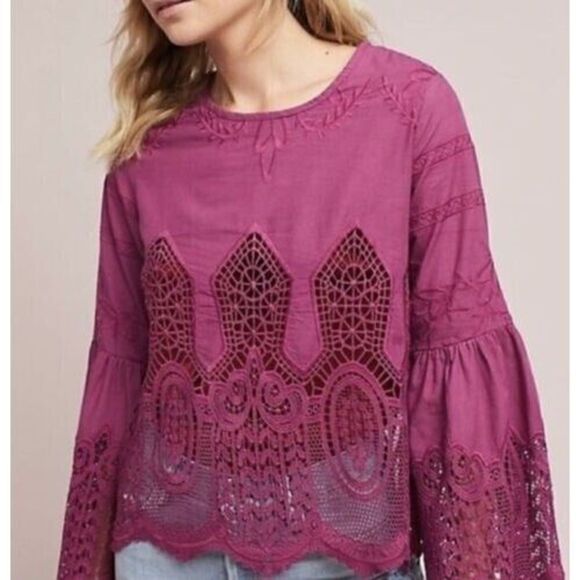 CHLOE OLIVER Bell Sleeve Lace Top Anthropologie XS Plum Purple Bohemian - Picture 1 of 11